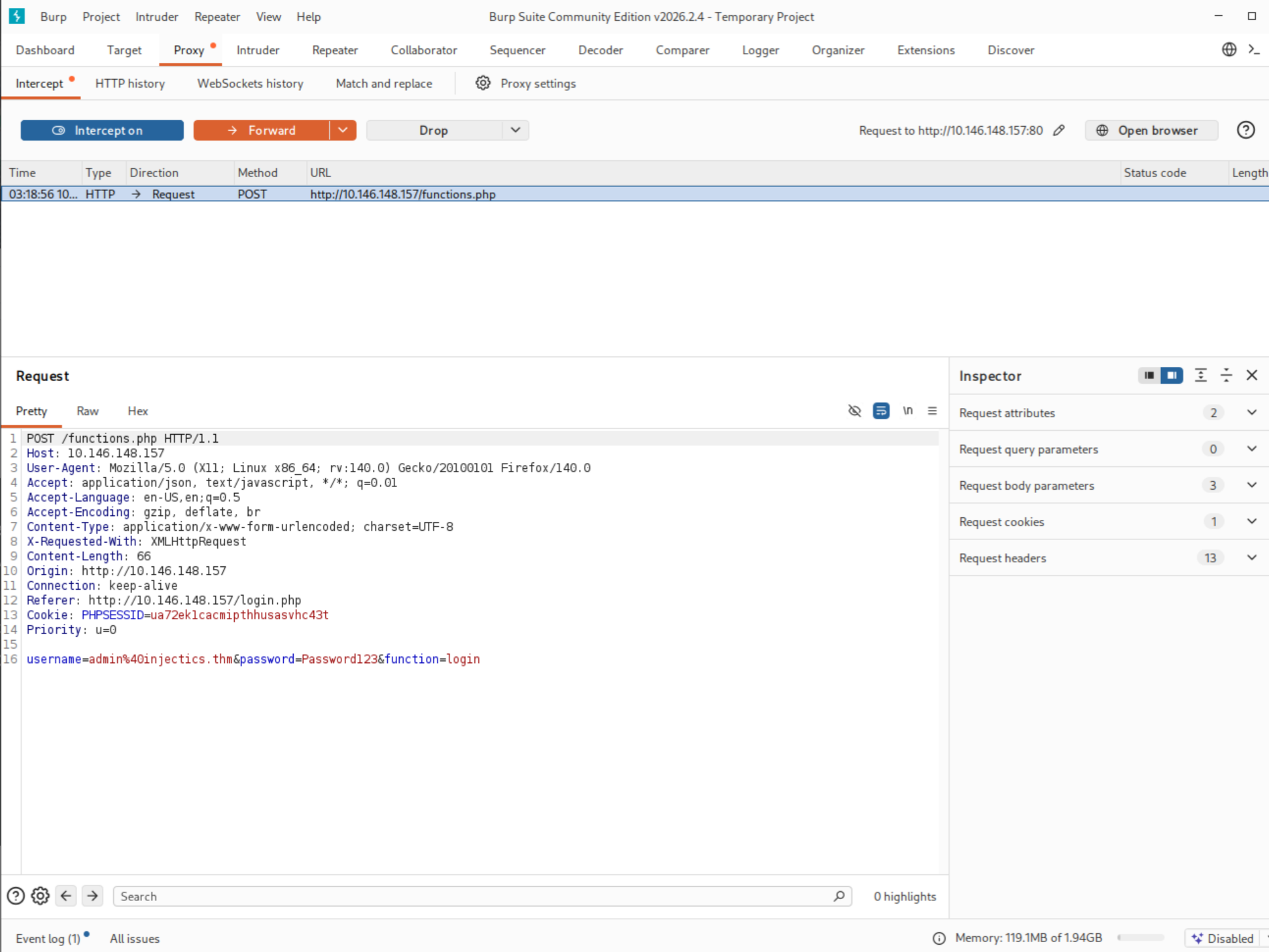 Burp Suite intercepted POST to functions.php